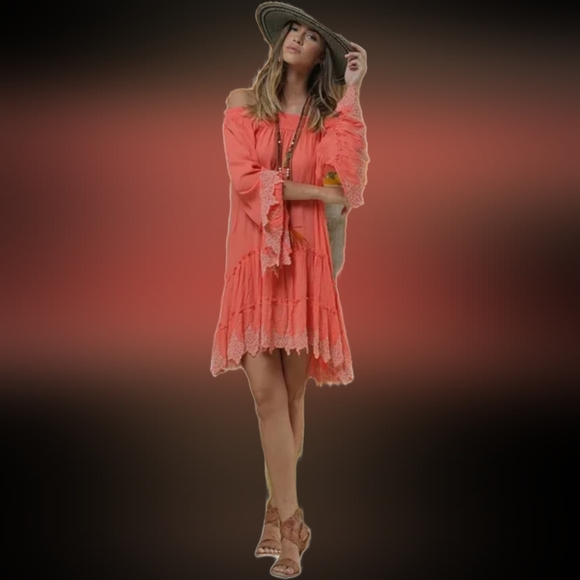 Z&L Europe Deja 100% Viscose Elegant Coral Off-Shoulder Embroidered Dress Large - Picture 15 of 16